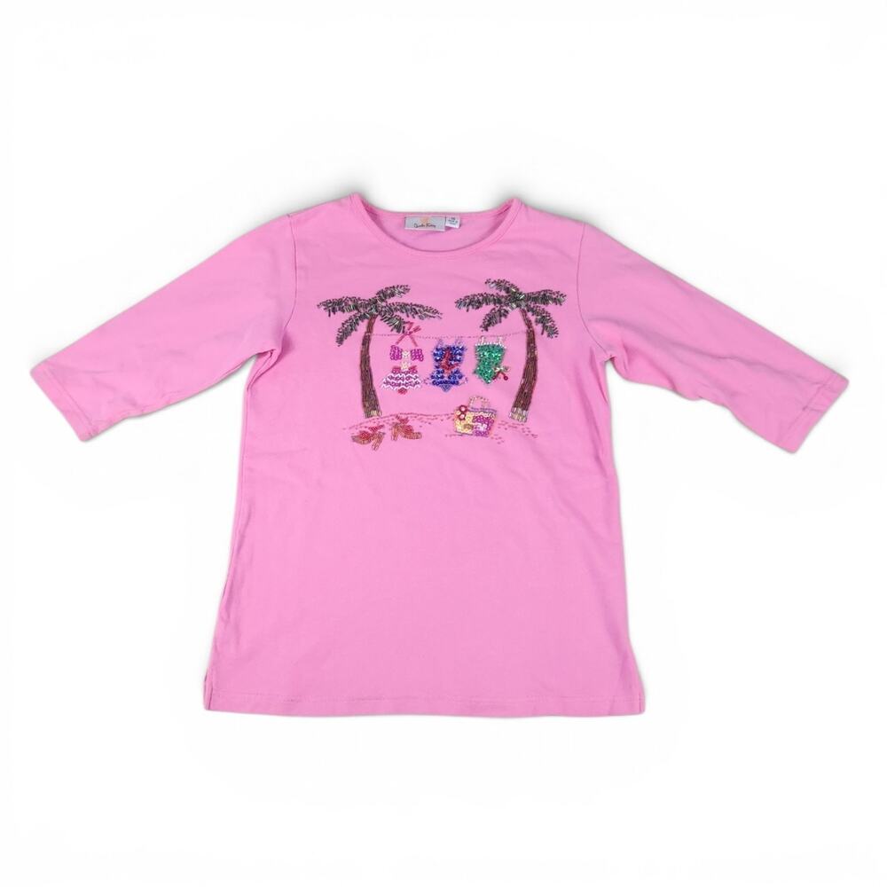 Y2K Vtg Quacker Factory Pink Beaded Top XS Tropical Beach Palm Trees Travel Cute